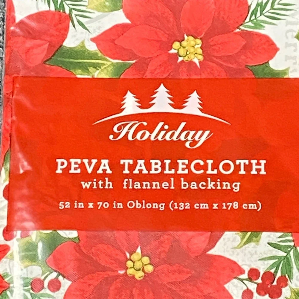 Holiday Poinsettia PEVA Tablecloth Flannel Backing 52 x 70 Oblong‎ Christmas NEW